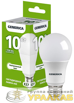Лампа светодиодная A60 10Вт грушевидная 4000К E27 230В GENERICA 