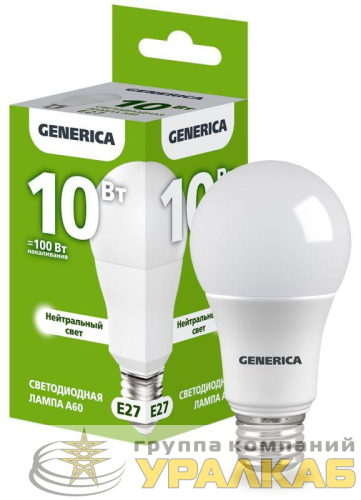Лампа светодиодная A60 10Вт грушевидная 4000К E27 230В GENERICA 