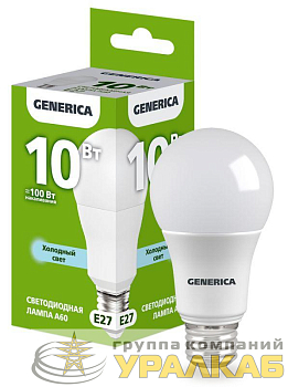 Лампа светодиодная A60 10Вт грушевидная 6500К E27 230В GENERICA 