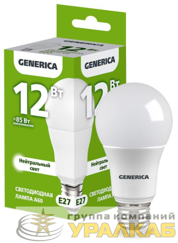 Лампа светодиодная A60 12Вт грушевидная 4000К E27 230В GENERICA 