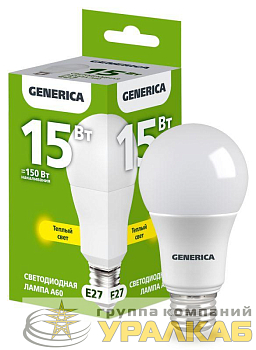 Лампа светодиодная A60 15Вт грушевидная 3000К E27 230В GENERICA 