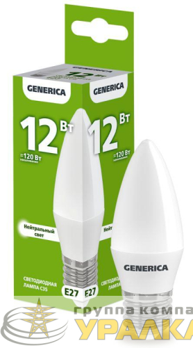 Лампа светодиодная C35 12Вт свеча 4000К E27 230В GENERICA 