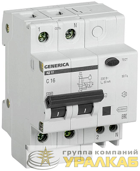 Выключатель автоматический дифференциального тока 2п 16А 30мА АД12 GENERICA 