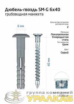Дюбель-гвоздь 6х40 с грибовидной манжетой полипропилен (уп.150шт) ведро Tech-Krep 