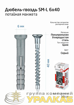 Дюбель-гвоздь 6х40 с потайной манжетой полипропилен (уп.50шт) коробка Tech-Krep 