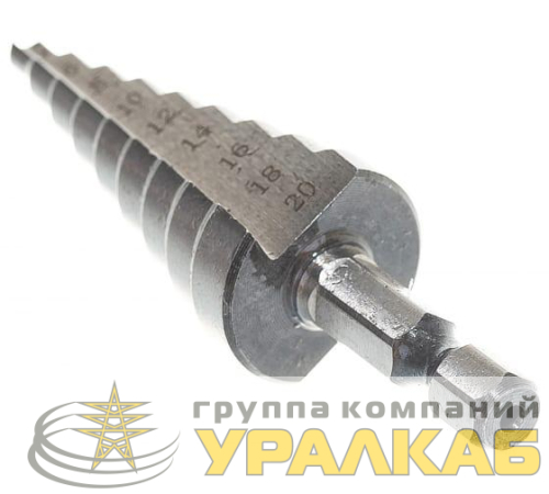 Сверло ступенчатое по металлу 4-6-8-10-12-14-16-18-20мм P6M5 шестигранный хвостовик Вихрь 