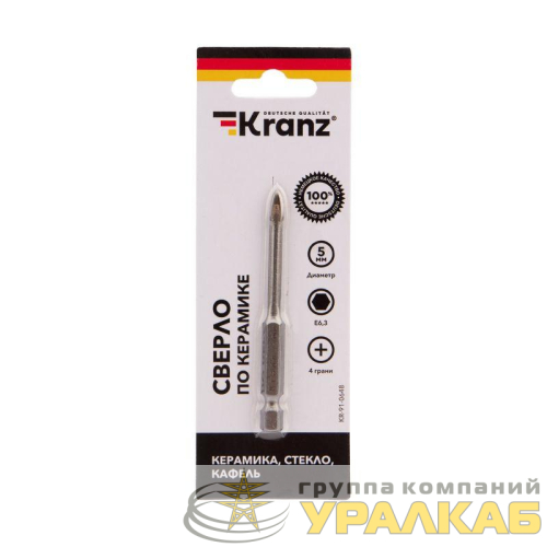 Сверло по стеклу и керамике 5мм 4 грани шестигранный хвостовик Kranz 