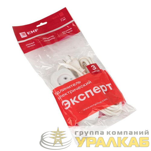 Удлинитель 3х3м без заземл. 10А IP20 Эксперт 2.2кВт ПВС 2х0.75 PROxima EKF 