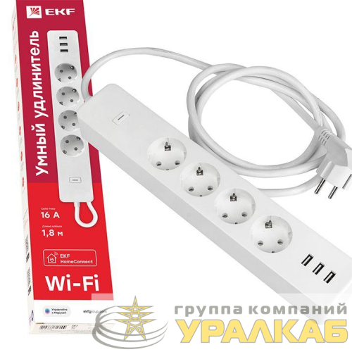 Удлинитель умный 4х1.8м 16А IP20 Connect Wi-Fi 3хUSB с выкл. с управлением по Wi-Fi PROxima EKF 